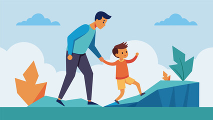 Fototapeta premium A parent modeling resilience by calmly facing challenges and setbacks while guiding their child to do the same.. Vector illustration