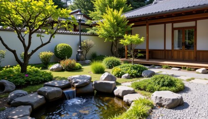 Naklejka premium The tranquil Japanese house and garden feature a harmonious blend of nature and architecture, with carefully manicured greenery, wooden structures