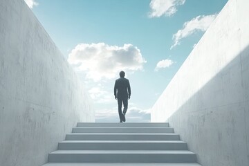 Man ascends concrete stairs toward bright sky