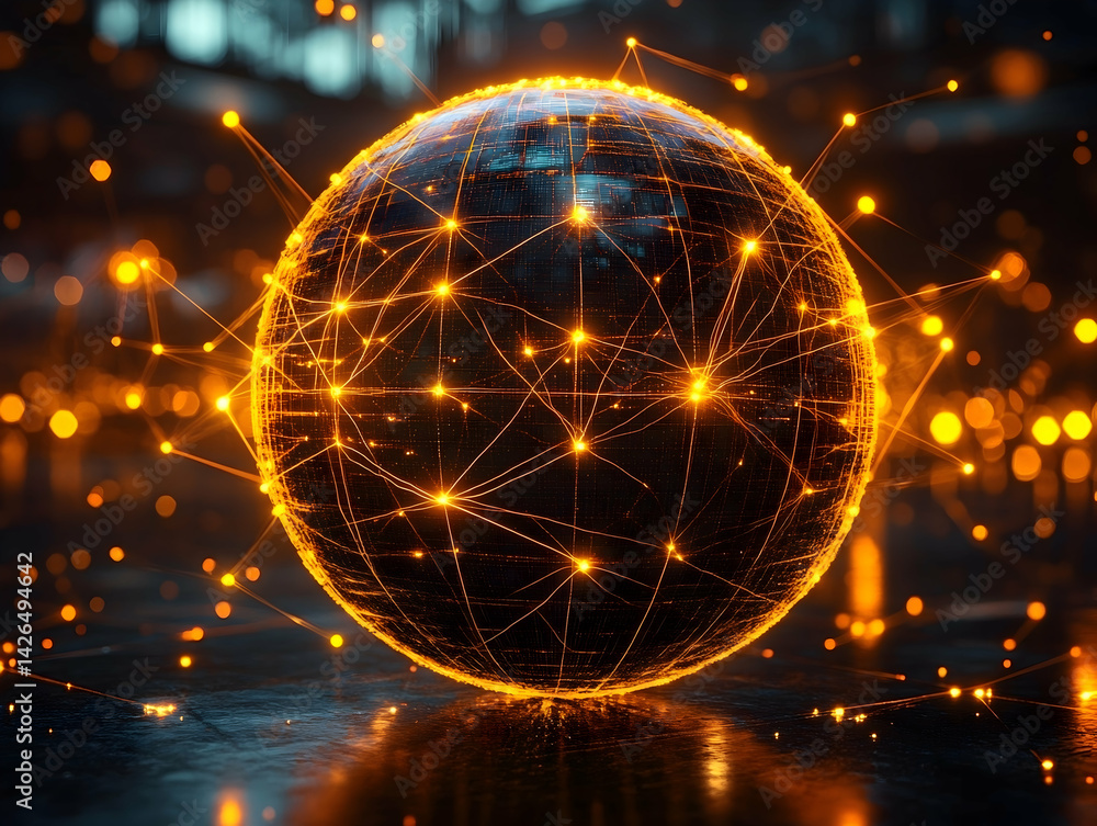 Poster a glowing sphere with connected lines representing network sits on a dark reflective surface