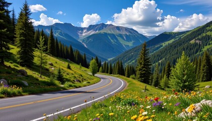 A winding, asphalt road cuts through lush green mountains, surrounded by towering pine trees and colorful wildflowers