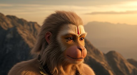 Monkey Head with Religious Mark on Mountain Background
