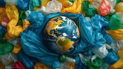 World Plastic bag free day concept globe on wast plastic bags