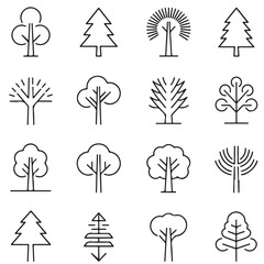 set of minimal trees linear icons outline black various vector silhouettes