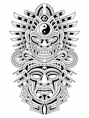 Tribal deity mask design, spiritual protector symbol with intricate line work and headdress, black and white illustration.