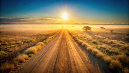 Fototapeta premium Golden Sunrise Illuminates a Dusty Road Through a Serene Grassland