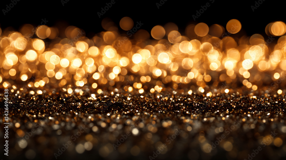 Poster golden glitter texture with blurred lights, creating a sparkling, festive background suitable for ce