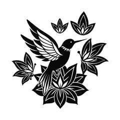 Black and White Hummingbird with Lotus Vector Art Illustration