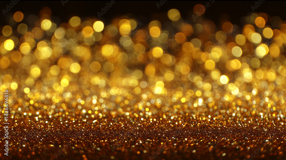 Poster golden glitter texture with blurred bokeh lights, creating a luxurious and festive backdrop, ideal f