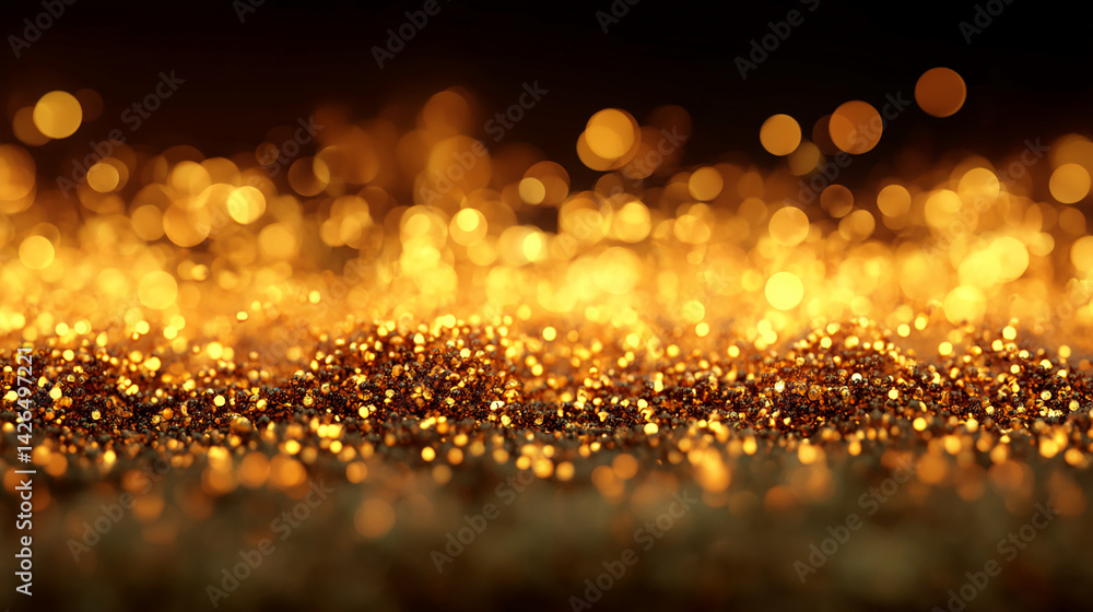 Poster Golden glitter texture with blurred bokeh lights, creating a sparkling and luxurious effect, ideal for celebratory backgrounds or festive designs