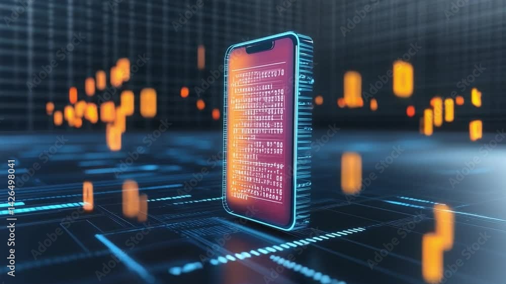 Poster conceptual hologram of a smartphone displaying digital data in a futuristic technology setting