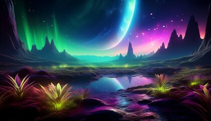 Obraz premium A desolate alien planet with glowing bioluminescent plants, a distant ringed planet in the sky, and vibrant auroras.