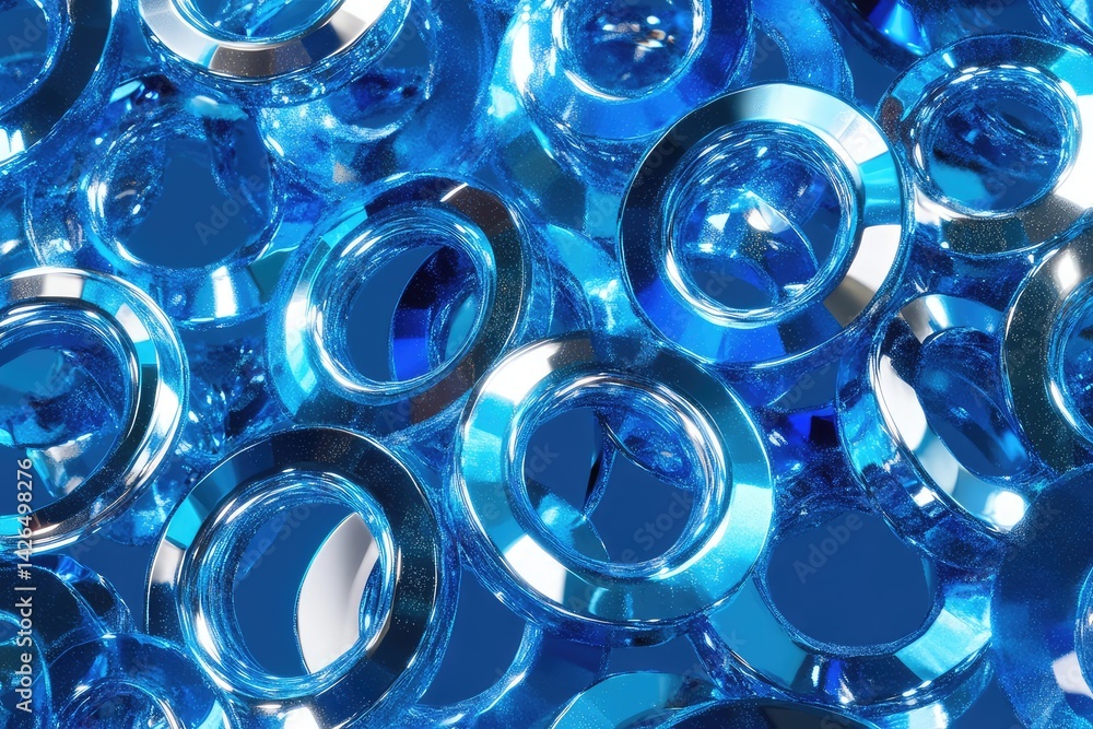 Poster abstract image of many bright blue, glossy rings, overlapping and creating a dynamic, three-dimensio