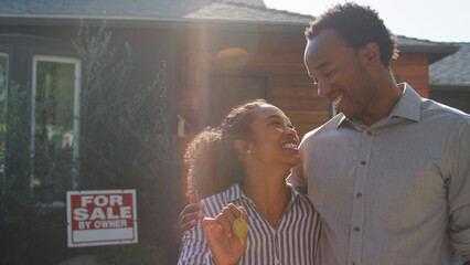 Portrait Of Couple Standing Outdoors In Front Of House With For Sale Sign In Garden Holding Keys