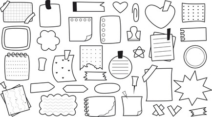 Paper Memos set in doodle sketch style. Notes and stickers outline illustrations. Hand drawn notepad papers. Vector elements