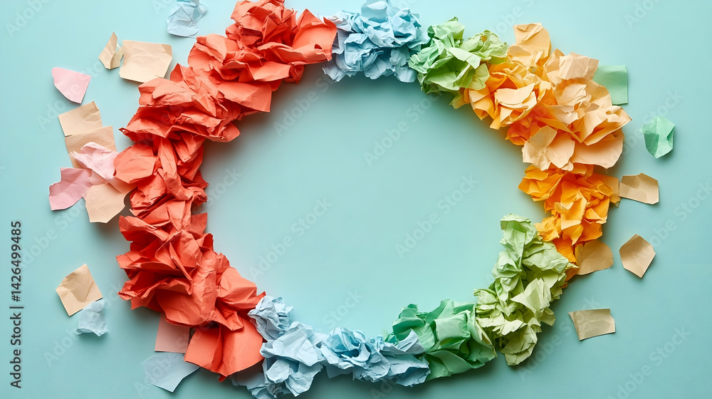 Aufkleber crumpled colorful paper arranged in a circle on a light blue background creating a vibrant and textu