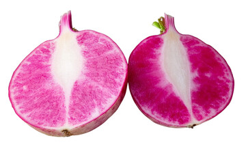 pink radishes halved - vibrant vegetables on white background