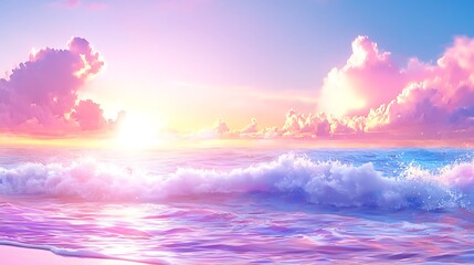 Vivid Digital Painting of a Calm Ocean with Soft Waves Pink Clouds and Golden Sunset Light Reflecting on the Water Surface