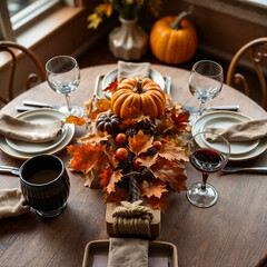 Autumn dining table setting with pumpkins, fall leaves, and elegant tableware in a cozy setting