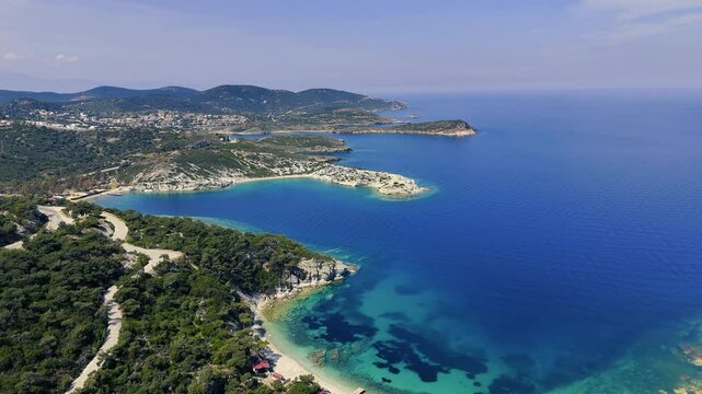 Breathtaking Aerial View of Foca Coastline Embracing Turquoise Aegean Sea in Izmir, Turkiye