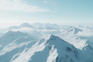 Panoramic view of snow-capped mountains, peaks rising above a sea of clouds under a clear sky