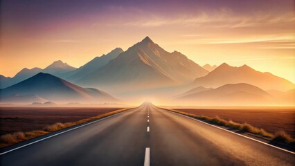 Asphalt road leading to a majestic mountain range at sunset, a journey of discovery and adventure awaits