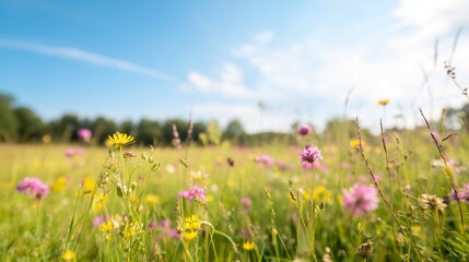 Colorful wildflower meadow with bright blooms under a clear blue sky in late spring