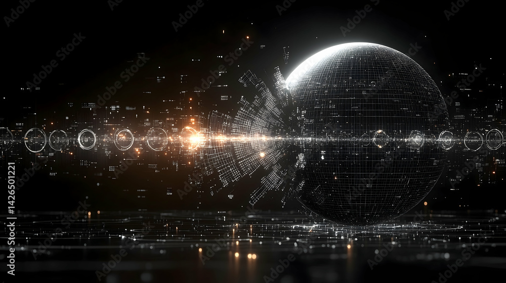 Aufkleber globe is composed of interconnected lines and points bright light on a dark background