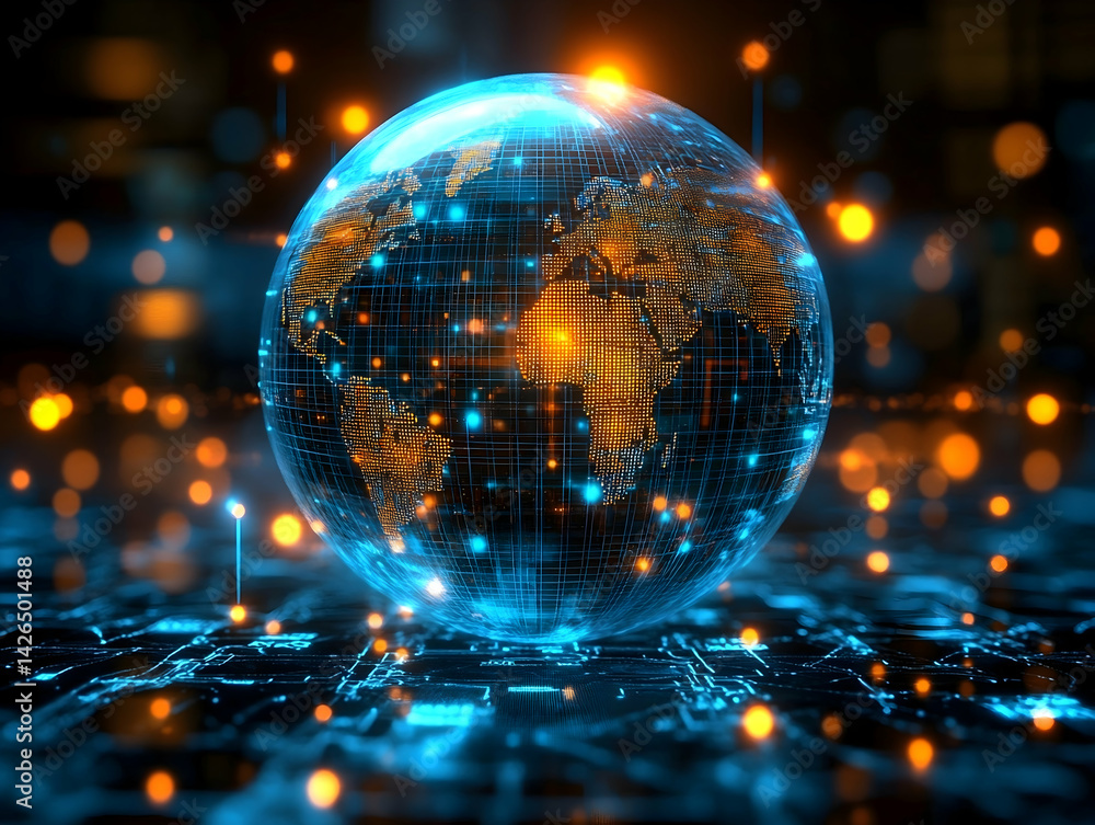 Aufkleber glowing earth on a circuit board with scattered dots and lines global connections and network