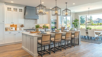 Modern Farmhouse Kitchen with Island, Dining Area, and Outdoor View