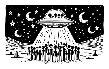 group of aliens on mars with ufo spaceship sketch vector illustration © Mago