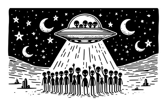 group of aliens on mars with ufo spaceship sketch vector illustration