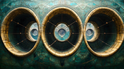 Ornate teal and gold building with three circular windows revealing the sky Wires support each opening