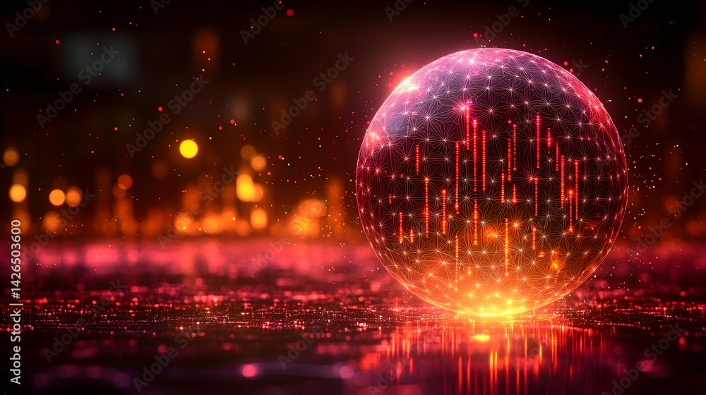 Poster red glowing geometric sphere above a shimmering surface with blurred background lights and sparkles