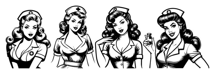 pin-up girls dressed as vintage nurses sketch vector illustration