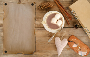 vintage paper background, cup coffee cappuccino, hot chocolate, empty blank space, stack of old paper torn off edges for message, designer text, sentimental rustic paper bundle mocap, copy space