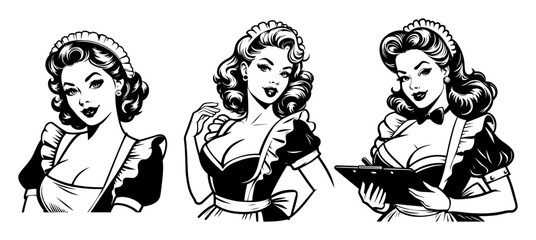 pin-up girls dressed as vintage maids sketch vector illustration