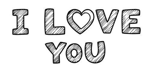 I love you text with heart sketch vector illustration