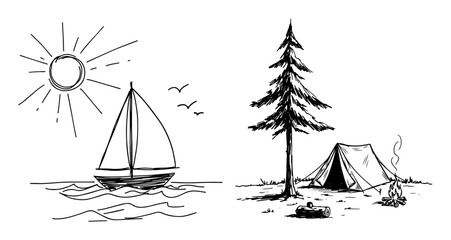 sketch landscape with sailboat, sun, tent and pine tree