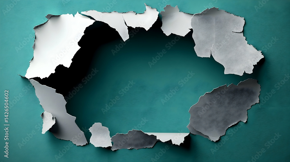 Poster torn paper on a teal wall creates a unique frame a hole is open contrast light and shadow