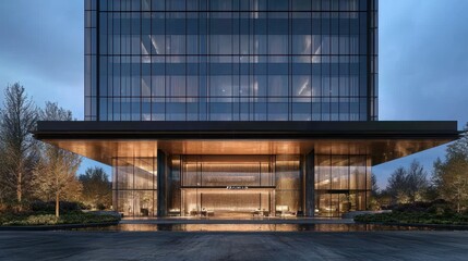 Modern skyscraper lobby entrance at twilight, city landscaping in background.  Possible use architectural design