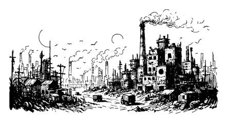 post apocalyptic ruined city sketch vector illustration