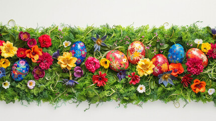  Colorful Easter eggs nestled amongst vibrant green grass and an array of blooming flowers in hues of pink, purple, yellow, and orange, framing a bright, empty space perfect for a seasonal message or 