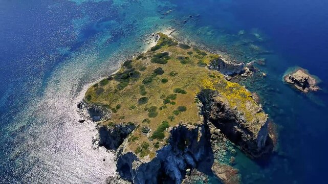 Breathtaking Aerial View of Foca Coastline Embracing Turquoise Aegean Sea in Izmir, Turkiye