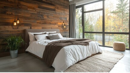 Modern bedroom with wood wall, large windows, and nature view