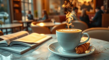Coffee cup with latte art, croissant, and book on marble table in cafe