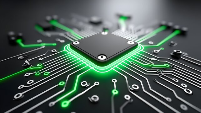 Close-up of a modern computer chip with intricate circuits glowing in green. Symbolizes innovation and the future of technology in digital communication and electronics.