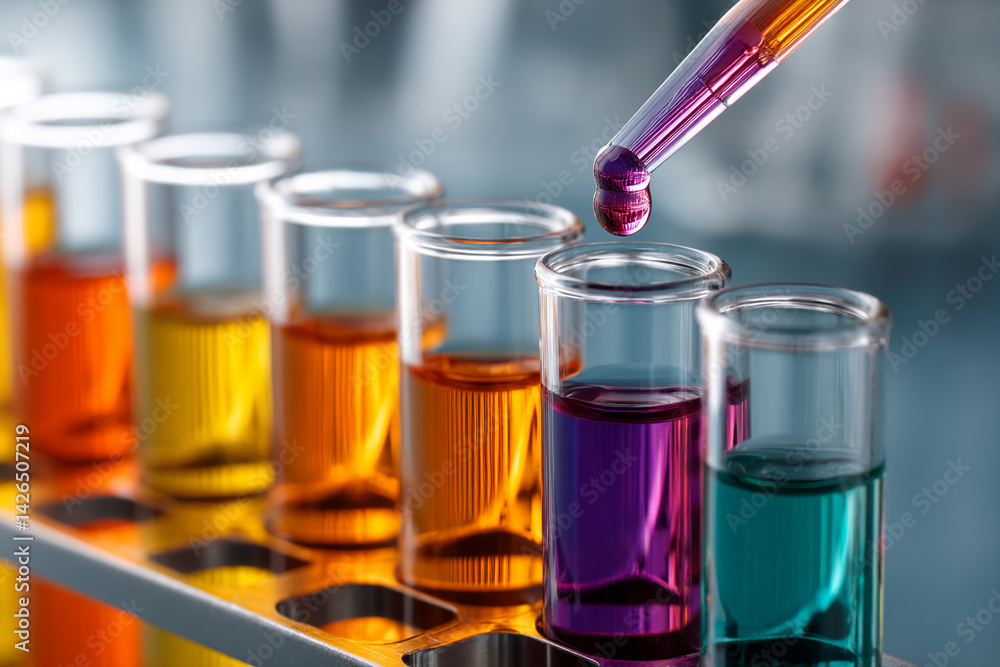Poster close-up of colorful liquids in glass test tubes, a pipette adding more liquid, showcasing a scienti