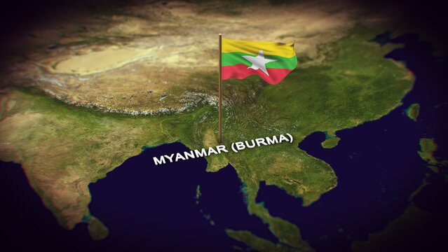 The Flag of Myanmar (Burma) on the World Map, Myanmar Burma map with flag 3d animation