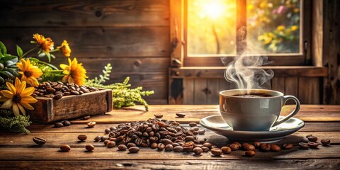 Aromatic Coffee Steam Rising from a Mug on Rustic Wooden Table with Coffee Beans and Flowers